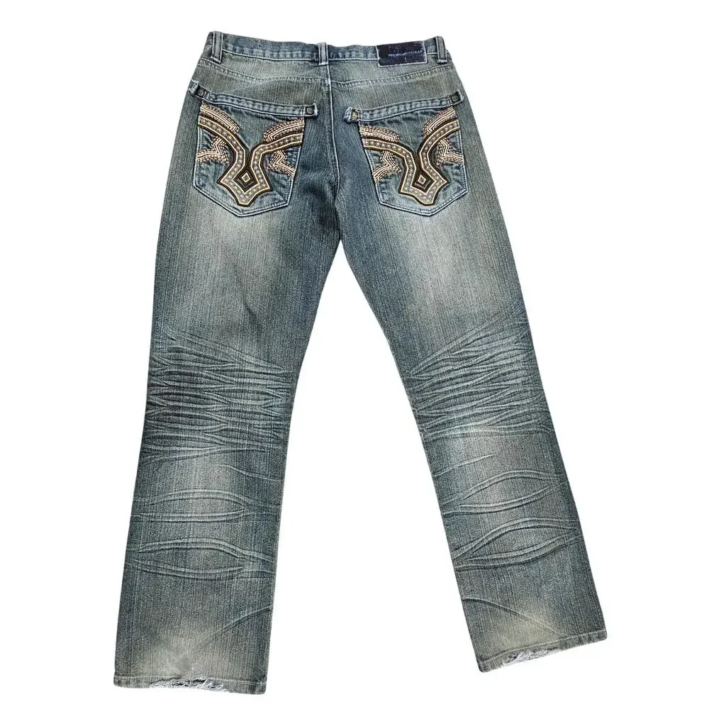 Raw Blue Jeans, Rare, Vintage, Y2K, Embroidered, Streetwear, Mens Size 32/32
